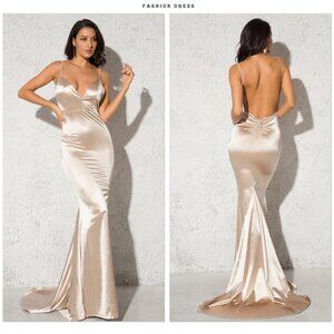 Deep V Neck Backless Ruched Long Slip Sheath Dress Evening Gown Prom